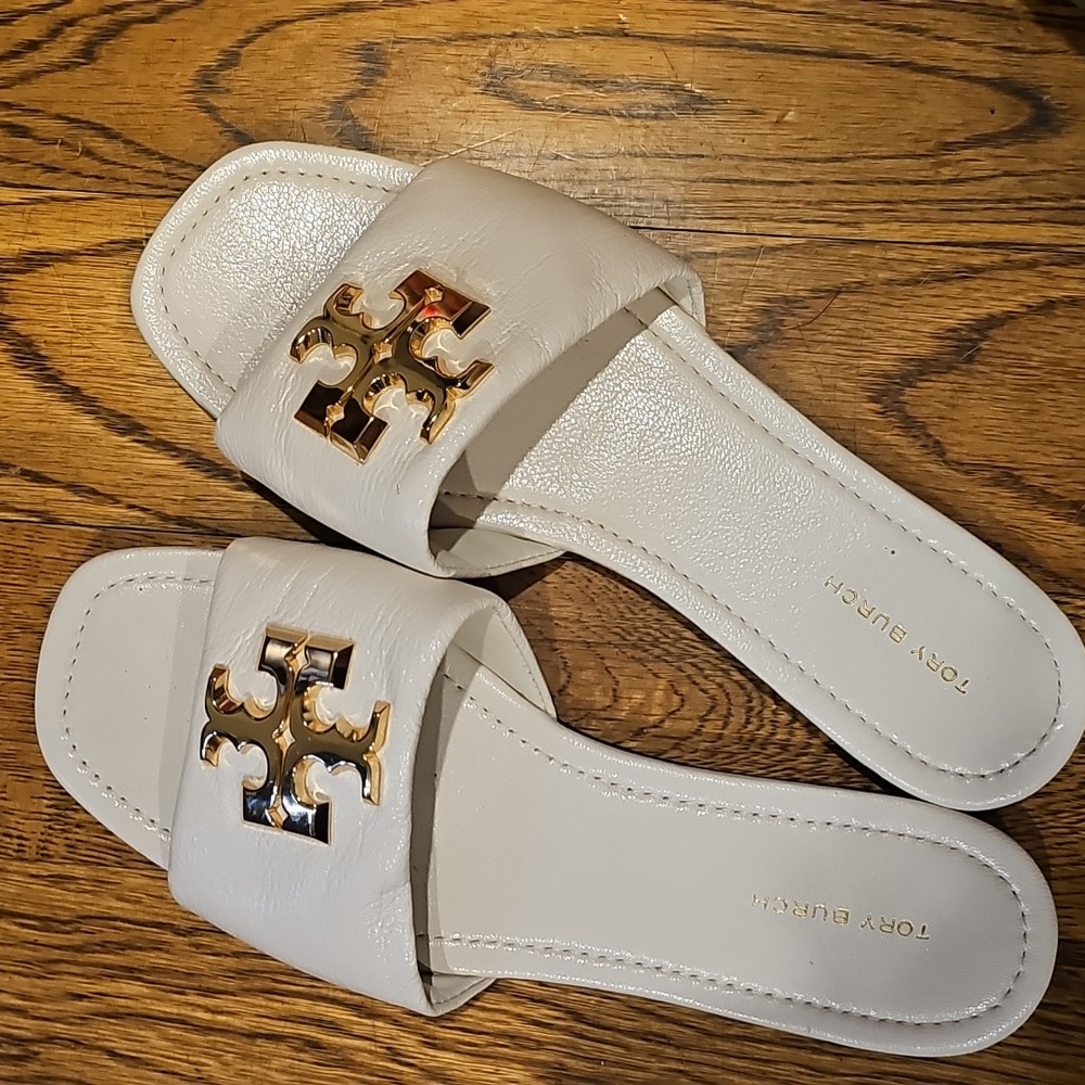 Tory Burch White and Gold Slide Sandals